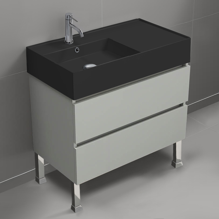 Nameeks BLOCK64 Modern Bathroom Vanity With Black Sink, Free Standing, 32 Inch, Grey Mist